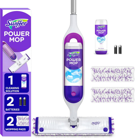 Swiffer PowerMop Mopping Kit for Floor Cleaning, Set Includes 1 Power Mop, 2 Replacement Pads, 1 Liquid Solution Refill, 2 Batteries, No Bucket Needed Electric Spray Cleaner, Multi-Surface and Wood