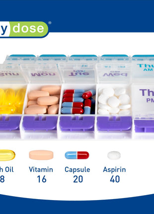 Ezy Dose Weekly (7-Day) AM/PM Pill Organizer, X-Large Case, Blue/Purple | Daily Vitamin Box & Supplement Medicine Planner, 2 Times a Day Push Button Compartments, Portable & Travel-Friendly, BPA-Free