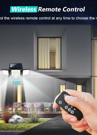 Tuffenough Solar Outdoor Lights 2500LM 210 LED Security Lights with Remote Control,3 Heads Motion Sensor Lights, IP65 Waterproof,270° Wide Angle Flood Wall Lights with 3 Modes(2 Packs)