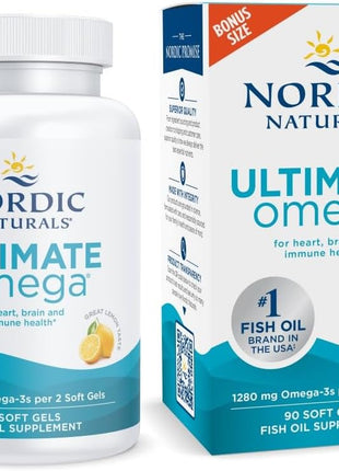 Nordic Naturals Ultimate Omega, Lemon Flavor   90 Soft Gels   1280 mg Omega 3   High Potency Omega 3 Fish Oil Supplement with EPA & DHA   Promotes Brain & Heart Health   Non GMO   45 Servings