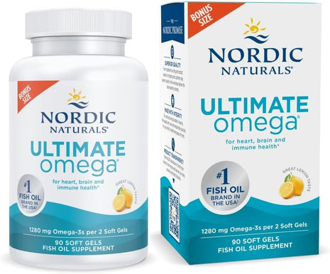 Nordic Naturals Ultimate Omega, Lemon Flavor   90 Soft Gels   1280 mg Omega 3   High Potency Omega 3 Fish Oil Supplement with EPA & DHA   Promotes Brain & Heart Health   Non GMO   45 Servings