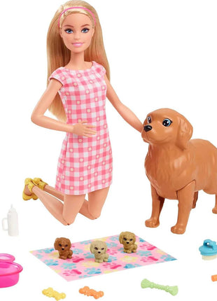 Barbie Doll & Pets Set, Blonde with Mommy Dog, 3 Newborn Puppies with Color-Change Feature & Pet Accessories