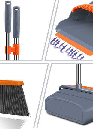 kelamayi Upgrade Broom and Dustpan Set, Self Cleaning with Dustpan Teeth, Indoor&Outdoor Sweeping, Ideal for Dog Cat Pets Home Use, Stand Up Broom and Dustpan (Gray&Orange)