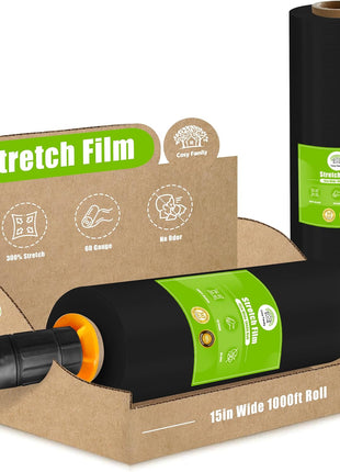 Cosy Family Plastic Wrap Stretch Film Roll - 1000ft 60 Gauge Industrial Strength 15 inch Wide Clear Plastic Wrap Roll with Handles for Pallet Wrapping Shipping Moving - Clear, Pack of 1