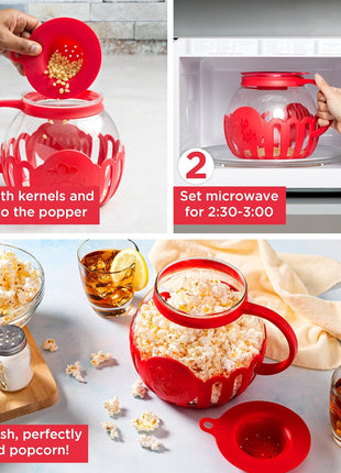 Ecolution Patented Micro-Pop Microwave Popcorn Popper with Temperature Safe Glass, 3-in-1 Lid Measures Kernels and Melts Butter, Made Without BPA, Dishwasher Safe, 3-Quart, Red