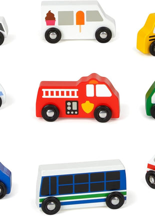 Melissa & Doug Wooden Town Vehicles Set in Wooden Tray (9 pcs)