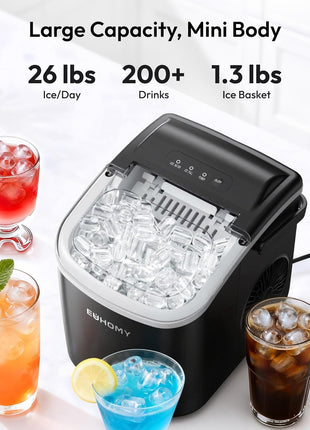 EUHOMY Countertop Ice Maker Machine with Handle, 26lbs in 24Hrs, 9 Ice Cubes Ready in 6 Mins, Auto-Cleaning Portable Ice Maker with Basket and Scoop, for Home/Kitchen/Camping/RV. (Black)