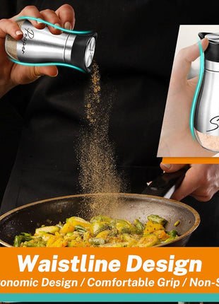 Salt and Pepper Shakers - 4 oz Silver Glass Set with Stainless Steel Lids | Refillable Glass Shakers with Stainless Steel Lids for Cooking, Dining, RV Trips, Camping and BBQs; 4 oz Capacity Each.