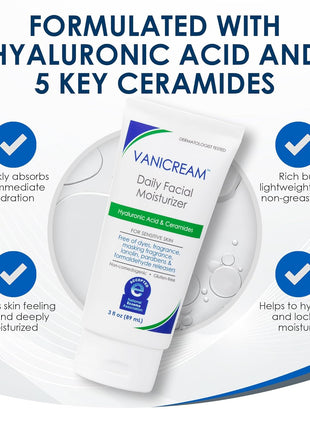 Vanicream Daily Facial Moisturizer, Face Cream with 5 Key Cermides & Hyaluronic Acid, 3 Fl Oz, Formulated Without Common Irritants for Sensitive Skin, Lightweight, Non-Greasy Hydration