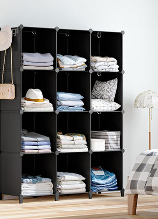 Closet Organizers and Storage, 12 Cube Storage Organizer, Portable Closet Organization Clothes Shelves for Kids, Closet, Bedroom, Bathroom, Office, Black