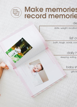 Pearhead Baby Memory Book, First 5 Years Baby Milestone Book, Pregnancy Journal, Gender Neutral Newborn Keepsake, With Clean-Touch Ink Pad For Baby's Handprint or Footprint, Pink Chevron