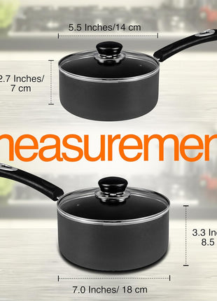 Utopia Kitchen Nonstick Saucepan Set, Cooking Pots with Lids, 1 Quart and 2 Quarts Multipurpose Kitchen Small Pots for Cooking Nonstick With Lids, 1 qt & 2 qt Set, Grey & Black