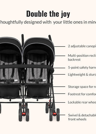 Dream On Me Volgo Twin Umbrella Stroller in Black, Lightweight Double Stroller for Infant & Toddler, Compact Easy Fold, Large Storage Basket, Large and Adjustable Canopy