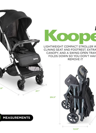 Joovy Kooper Lightweight Baby Stroller Featuring Removable, Swing-Open Tray, Big Wheels, Reclining Seat with Footrest, Extra-Large Retractable Canopy, and Compact Fold (Black) | Joovy Kooper Lightweight Baby Stroller With Swing-Open Tray, Black