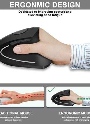 Vassink Ergonomic Mouse, Rechargeable Wireless Mouse, 2.4GHz Rechargeable Wireless Vertical Optical Mice with USB Receiver, 6 Buttons for Laptop, PC, Computer Black