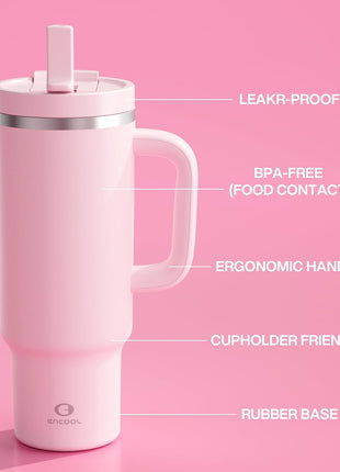 ENCOOL 40 oz Tumbler with Handle and Straw: Stainless Steel Insulated Tumbler Keeps Cold for 24 Hours, Leakproof Travel Cup Fits in Cup Holder and BPA-Free, Cotton Candy