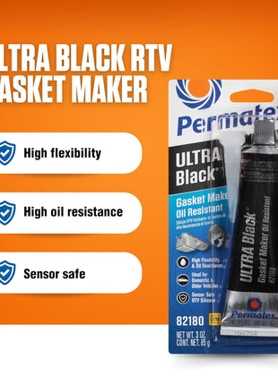 Permatex 82180 Ultra Black Maximum Oil Resistance RTV Silicone Gasket Maker, Sensor Safe and Non-Corrosive, for High Flex and Oil Resistant Applications 3 oz