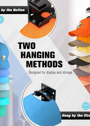 Hat Organizer for Baseball Caps 2Pack, Hat Rack for Wall with Strong Adhesive Hold up to 20 Hats, Hat Hanger Holder Display for Door Closet, Cap Organizer Storage Multilayer Two Mounting Option(Black)