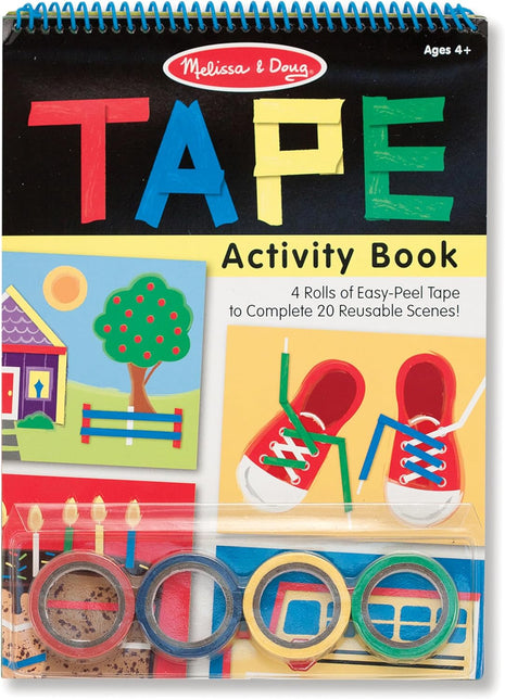 Melissa & Doug Tape Activity Book for Kids with 4 Easy-Tear Tape Rolls (Blue, Green, Red, Yellow) & 20 Reusable Scenes on Spiral-Bound Sheets, Road Trip Activities & Travel Toys for Kids Ages 4+