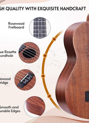 ADM Ukulele Beginner Kit Mahogany Hawaiian Wood Ukelele Bundle Ukalalee Set with Uke Free Starter Lessons for kids Students and Adults, Yellow Brown (Khaki, 21 inch)