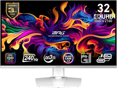 msi MPG 321URXW QD-OLED 31.5 Inch 4K UHD Gaming Monitor - 3840 x 2160 Quantum Dot OLED Panel, 240Hz / 0.03ms, 99% DCI-P3, ΔE≤2, DisplayHDR True Black 400, KVM, RGB - DP 1.4a, HDMI 2.1, USB Type-C 98W