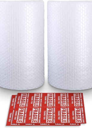 Bubble Cushioning Wrap Rolls, 3/16 inch x 12 inch x 72' ft Total [2 Rolls of 36 Feet] Perforated Every 12 inch, 20 Fragile Stickers for Packaging, Shipping, Mailing