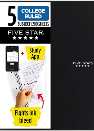 Five Star Spiral Notebook  Study App, 5 Subject, College Ruled Paper, 8-1/2 inch x 11 inch, 200 Sheets, Fights Ink Bleed, Water Resistant Cover, Black (72081)