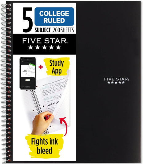 Five Star Spiral Notebook  Study App, 5 Subject, College Ruled Paper, 8-1/2 inch x 11 inch, 200 Sheets, Fights Ink Bleed, Water Resistant Cover, Black (72081)