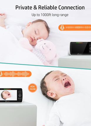 iFamily Split Screen Baby Monitor, Large Display Video Baby Monitor with 2 Cameras and Audio, Long Range, Remote pan tilt, Night Vision, Temperature Sensor, 2 Way Talk, Feeding Clock and lullabies.