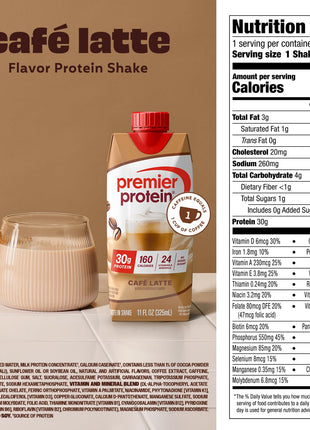Premier Protein +Energy 30g High Protein Shake , Café Latte, 12 Pack | Caffeinated, 160 Calories, 24 Vitamins & Minerals, No Added Sugar, Supports Muscle Health, Gluten-Free, 11 oz