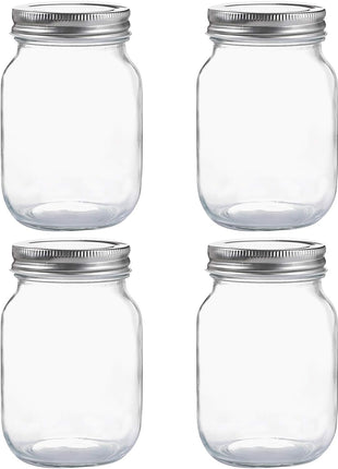 YINGERHUAN Glass Regular Mouth Mason Jars, 16 oz Clear Glass Jars with Silver Metal Lids for Sealing, Canning Jars for Food Storage, Overnight Oats, Dry Food, Snacks, Candies, DIY Projects (4PACK)