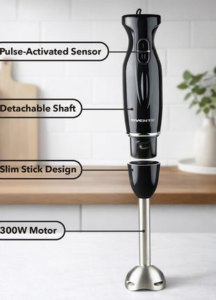 OVENTE Electric Corded Hand Blender, 300W with 2 Mixing Speeds Black HS560B | Handheld Immersion Stick Mixer with Stainless Steel Blades for Smoothies, Purees & Baby Food