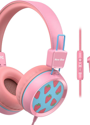 New Bee Kids Headphones Wired for School with Microphone KH20 HD Stereo Safe Volume Limited 85dB/94dB Foldable Lightweight for Girl/Mac/Android/Kindle/Tablet/Pad (Pink)