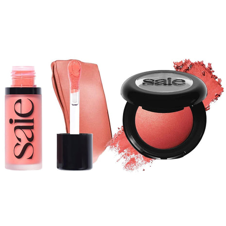 Saie Cheek Flush Duo - Dew Liquid Blush (.40 oz, Poppy), SuperSuede Baked Powder Blush (.01 oz, Stella) - Layerable, Skin-Nourishing Blushes for a Seamless Radiant Finish