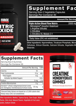 Force Factor Creatine Monohydrate Gummies & Nitric Oxide Booster, 5g Creatine + L-Arginine to Support Muscle Growth, Strength, Recovery, Circulation & Cognitive Health, 150 Gummies + 120 Capsules