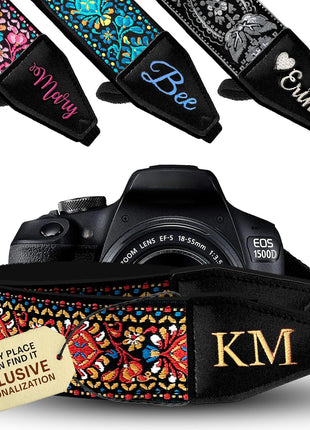 Camera Strap - Shoulder, Crossbody & Neck Camera Strap for Photographers, Fits All Cameras, Canon Nikon Sony Fujifilm, Padded Strap W/ Quick Release, Embroidered Cotton & Leather Ends, Blue