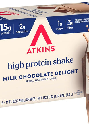 Atkins Milk Chocolate Delight High Protein Shake, 15g Protein, 12 Count | 15g Protein, 3g Fiber, 2g Net Carb, 1g Sugar, Chocolate Flavored, Keto Friendly, Ready to Drink, 12 Count