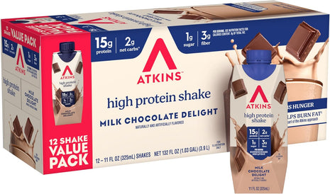 Atkins Milk Chocolate Delight High Protein Shake, 15g Protein, 12 Count | 15g Protein, 3g Fiber, 2g Net Carb, 1g Sugar, Chocolate Flavored, Keto Friendly, Ready to Drink, 12 Count