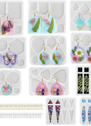 ResinWorld Earrings Molds with Varieties of Shapes and Sizes, 171Pcs Resin Jewelry Making Kit, Stud Dangle Drop Earrings Resin Molds with Hole