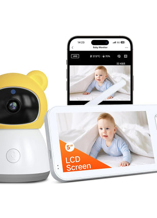 2K Smart WiFi Baby Monitor with Camera and Audio, 5inch Display, Smartphone App, Auto Tracking, Cry & Motion Detection, Temp & Humidity Sensor, HD Night Vision