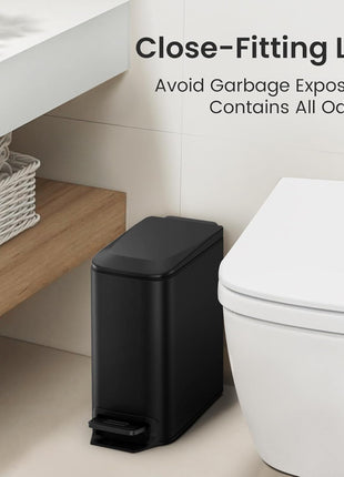 Cesun Small Bathroom Trash Can with Lid, 1.6 Gal, Soft Close, Matte Black | Step pedal soft close, Slim 5.9in fits narrow spaces, Stainless steel, Anti-fingerprint, Removable inner bucket, Odor seal