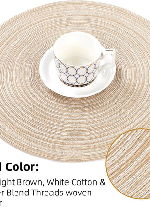 SHACOS 15 inch Round Braided Placemats Set of 6 Non Slip Heat Resistant Cotton Polyester Table Mats Washable Place Mats for Kitchen Dining Party Table Decor (Beige, 6)
