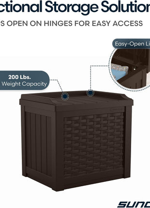 Suncast Outdoor Deck Box - 22 Gallon Java Resin Outdoor Storage Box, Weatherproof Patio Storage Bin Container for Seating & Organizing Cushions, Tools & Towels for Pool, Yard, & Garden