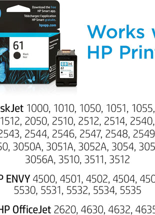 HP 61 Black Ink Cartridge | Works with Printer Series: DeskJet 1000, 1010, 1050, 1510, 2050, 2510, 2540, 3000, 3050, 3510; ENVY 4500, 5530; OfficeJet 2620, 4630 | Eligible for Instant Ink | CH561WN