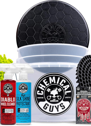 Chemical Guys 8-Piece Arsenal Builder Car Wash Kit - Includes Bucket, Dirt Trap, Lid, Wash Mitt, Air Fresheners & (3) 16 oz Car Care Chemicals, Complete Cleaning Kit for Trucks, SUVs & More