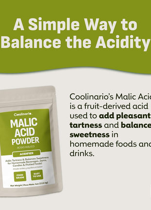 Coolinario Malic Acid Powder (4 Oz) Sour Powder | Food Grade Flavor Enhancer for Beverages, Jams, Candy & Pickled Foods | Adds Tartness & Balances Sweetness | Ideal for Cider, Wine & Fruit Recipes