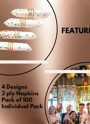 100 PK Gold Napkins - 4 Assorted Designs - 3-Ply Cocktail Napkins Folded 5 x 5 Inches Bar Napkins Disposable Party Napkins Paper Napkins Dinner for Wedding Baby Shower Birthday Graduation 2023
