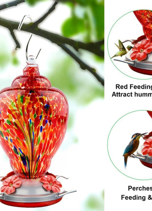WOSIBO Hummingbird Feeder for Outdoors Patio Large 32 Ounces Colorful Hand Blown Glass Hummingbird Feeder with Ant Moat Hanging Hook, Rope, Brush and Service Card (RED-Firework)