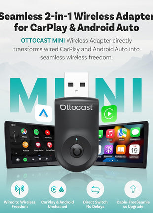 OTTOCAST Mini 2025 2-in-1 Wireless CarPlay/Android Auto Adapter, 5GHz WiFi, Auto Connect for 2016+ Cars