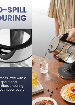 Elite Gourmet EKT-602 BPA-Free Electric Glass Kettle, Cordless 360° Base | Stylish Blue LED Interior, Auto Shut-Off Function, Quickly Boil Water for Tea & More